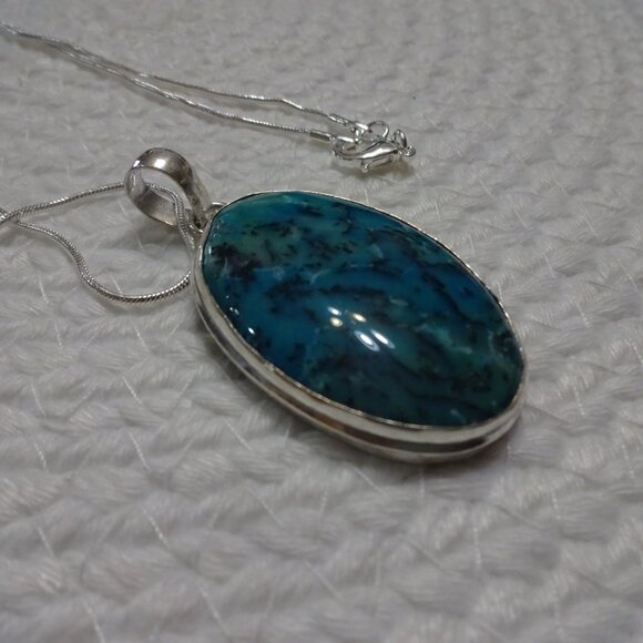 Beautiful BLUE DENDRITE OPAL Handmade Sterling 925 Pendant/Chain #800C - Picture 3 of 3